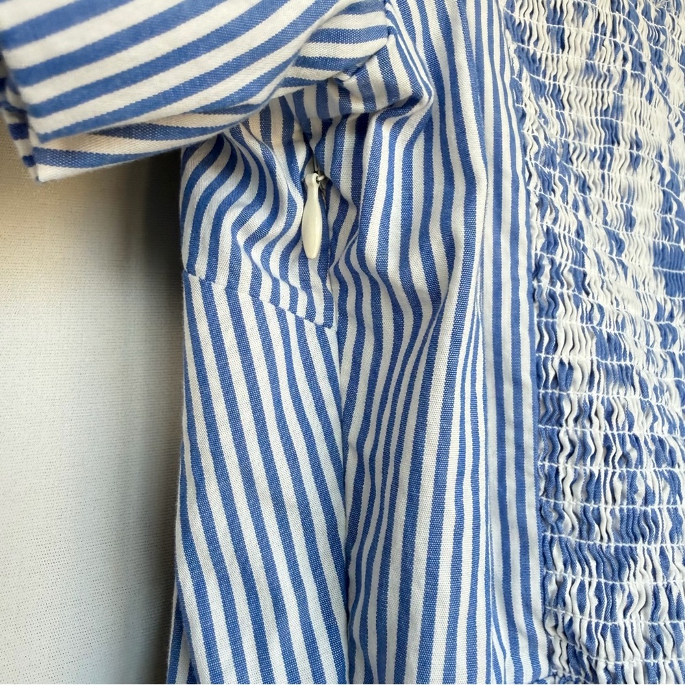 J. Crew Midi Dress Sz 8 Blue White Stripe Cotton Tiered Puff Sleeve SU24 Cottage - Picture 15 of 15